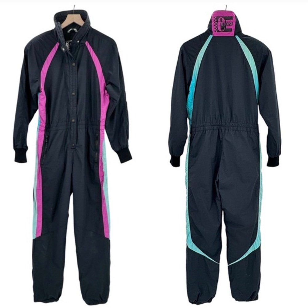 Vintage 80s Women's Ski Suit Winter Snow Suit Jumpsuit Black Neon Europa | 12